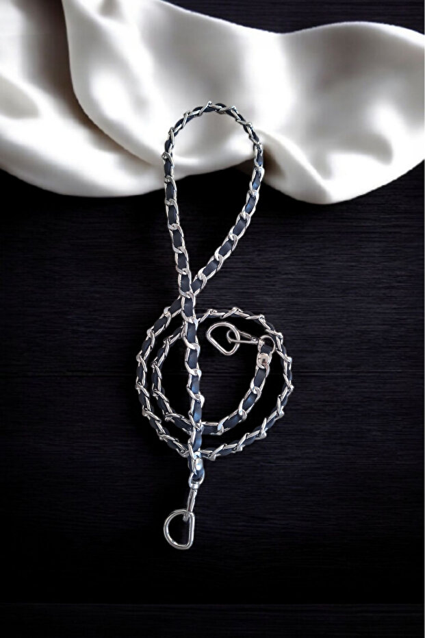 Faux Leather Metal Bag Chain Set - Length 115 cm Chain Color Silver (Navy Blue Leather)