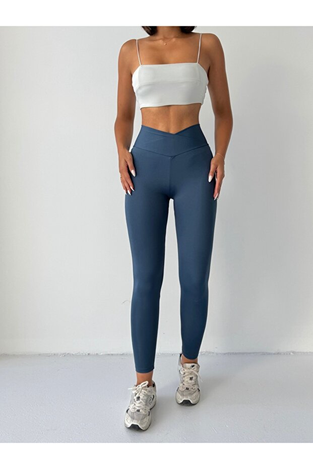 Magas derekú, karcsúsító leggings keresztirányú övvel, indigókék színben - 2