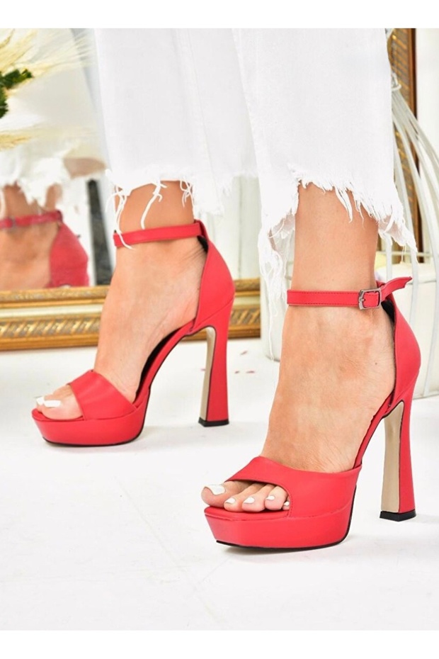 Kırmızı Cilt Tek Bant Platform Yüksek Topuklu Abiye Ayakkabı 13CM-FELİSYABUTİK - 3