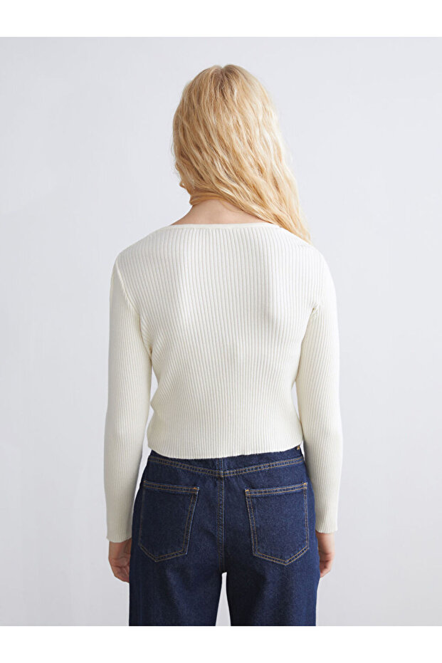 Bej Bisiklet Yaka Kadın Triko Hırka - 4