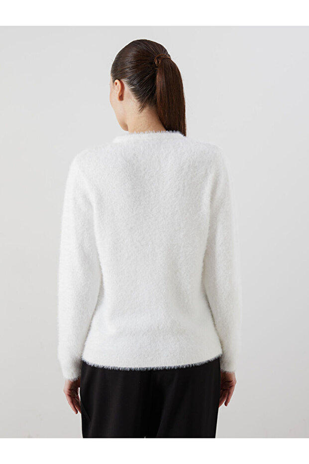 Ekru Bisiklet Yaka Kadın Triko Hırka - 4