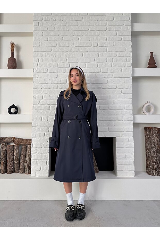 Kruvaze Kemerli Uzun Basic Trençkot - 6