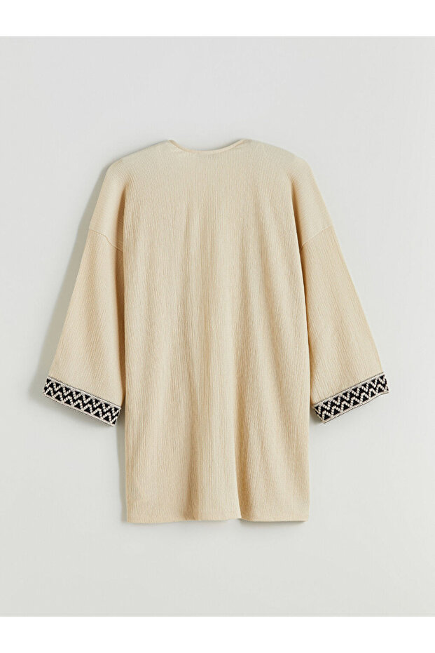 Bej Şal Yaka Desenli Oversize Kadın Hırka - 6