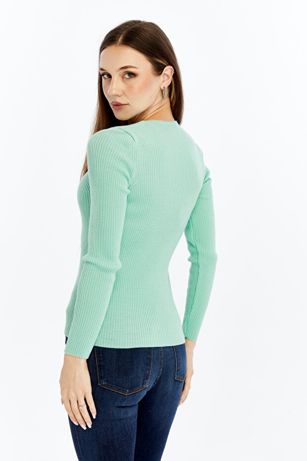 Kadın V Yaka Basic Kazak Turkuaz - 2