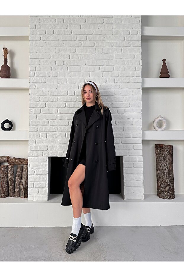 Kruvaze Kemerli Uzun Basic Trençkot - 3