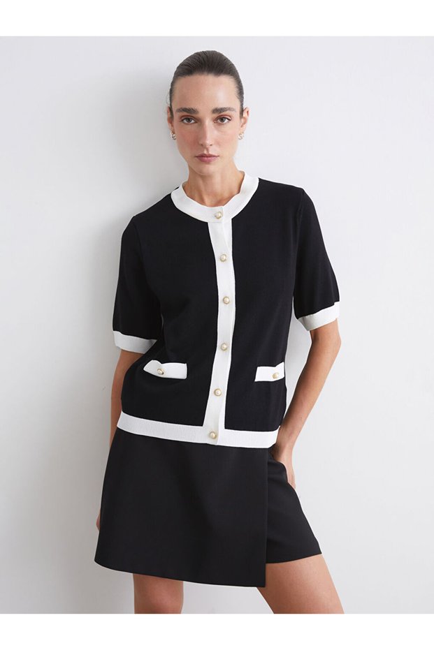 Black Crew Neck Women's Knitwear Cardigan