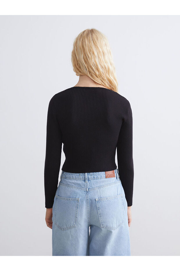 Siyah Bisiklet Yaka Kadın Triko Hırka - 4