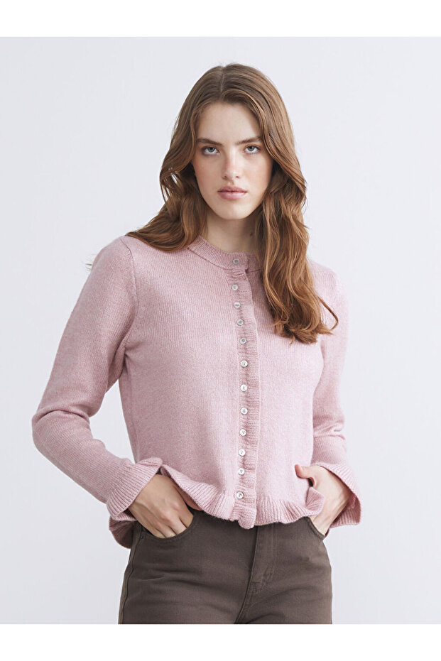 Pembe Bisiklet Yaka Kadın Triko Hırka - 1