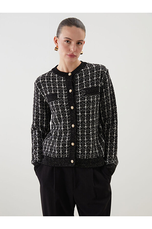 Shining Store'dan Işıltılı Seçimler | Bisiklet Yaka Desenli Kadın Triko Hırka - 1