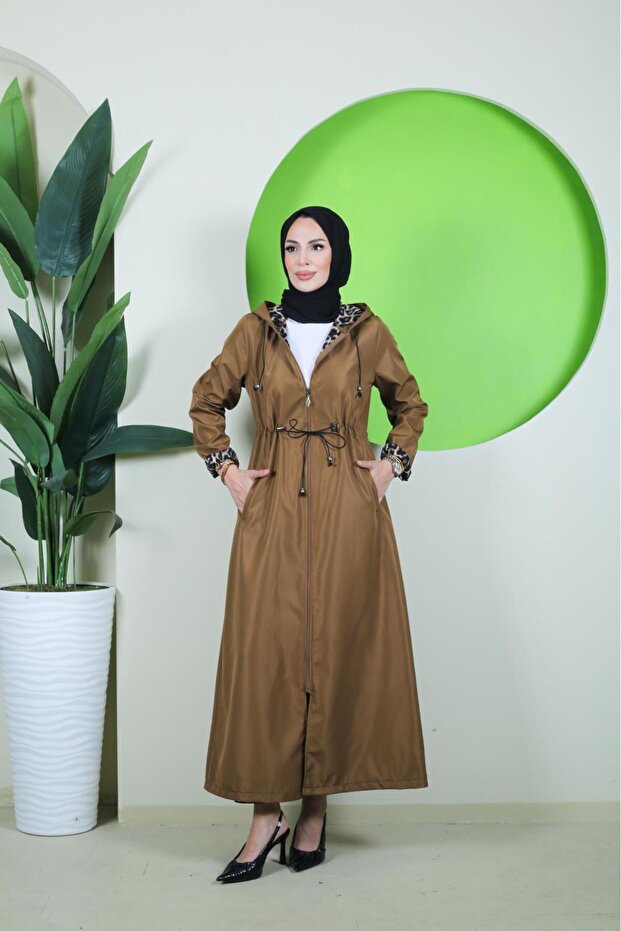 Full Length Plus Size Women's Trench Coat with Leopard Pattern Inside and Self-Lining