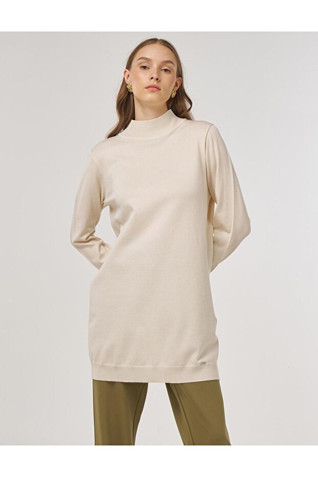 Balıkçı Yaka Basic Viskon Triko Tunik Krem - 1