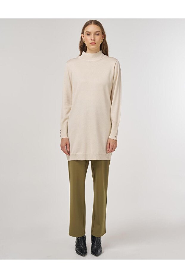 Balıkçı Yaka Basic Viskon Triko Tunik Krem - 2