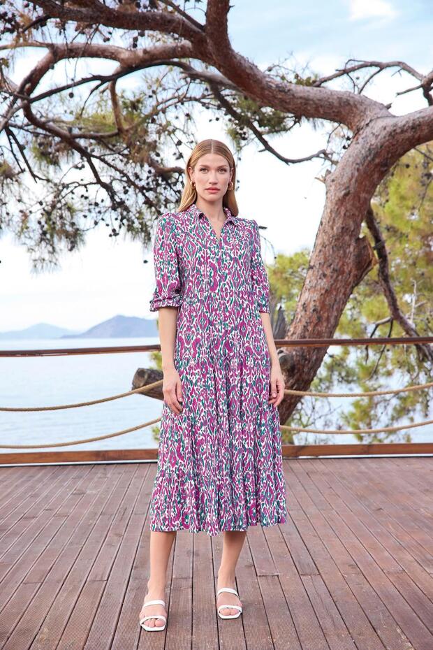 Women's Patterned Three Quarter Sleeve Shirt Collar Dress 25018