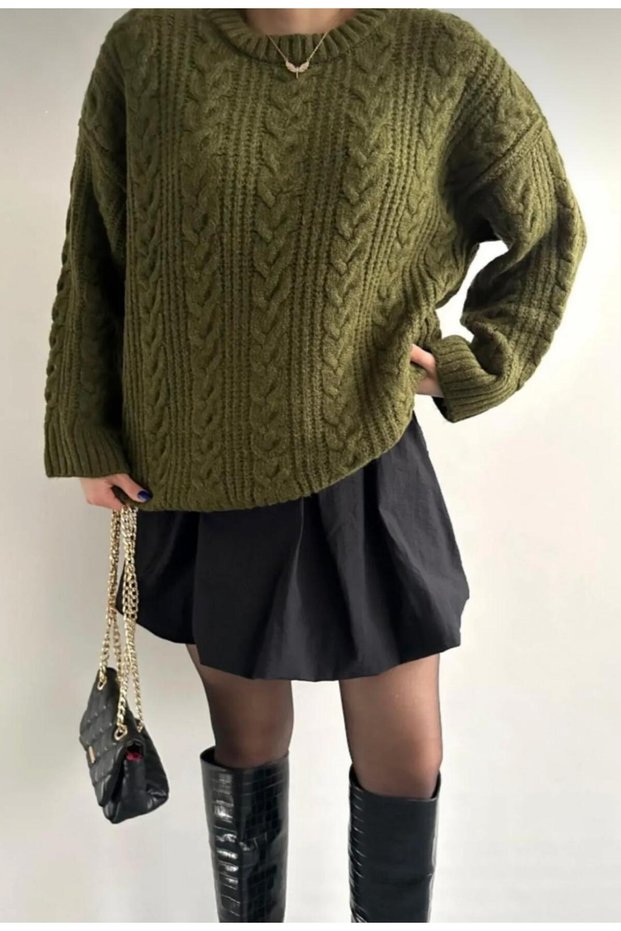 Dgn's Hair Braided Circle Neck Soft Textured Women's Knitwear Sweater