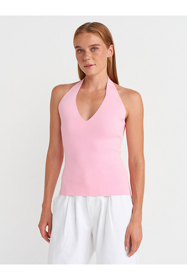 10794 Halter V Yaka Basıc Bluz-Pembe - 1