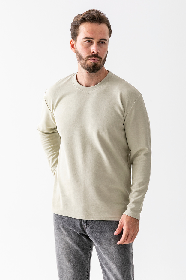 Men's Crew Neck Textured Cotton Sweatshirt Pale Green - 5714