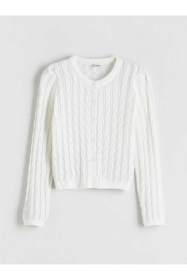 Two Mt Shop Quality Lcw Kids Ecru Oval Collar Girls' Knitwear Cardigan