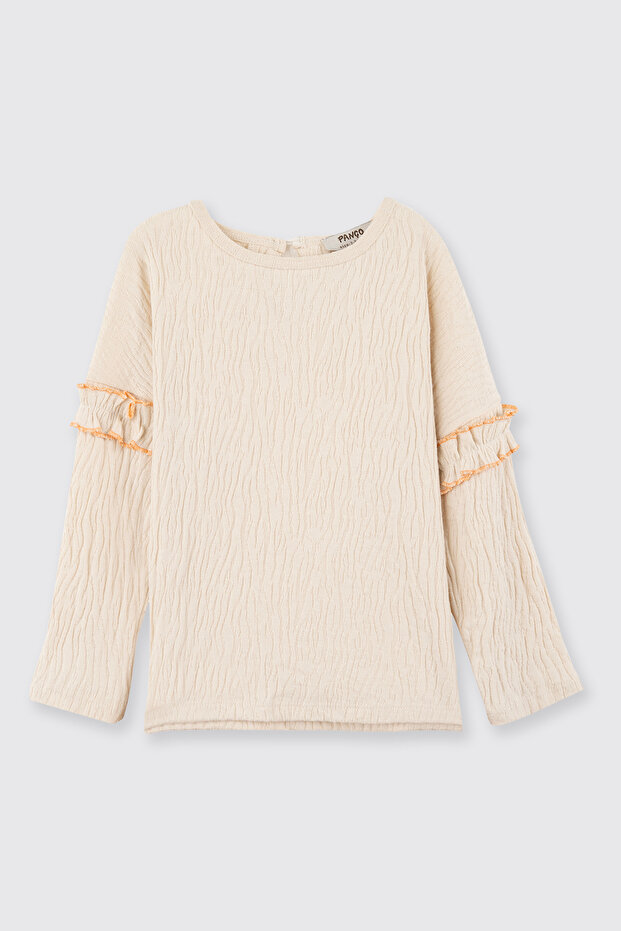 Baby Girl Round Neck Ruffle Detailed Beige T-Shirt
