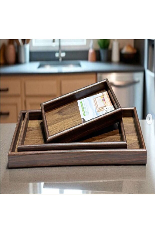 3-Piece Wooden Serving Tray Set - Dark