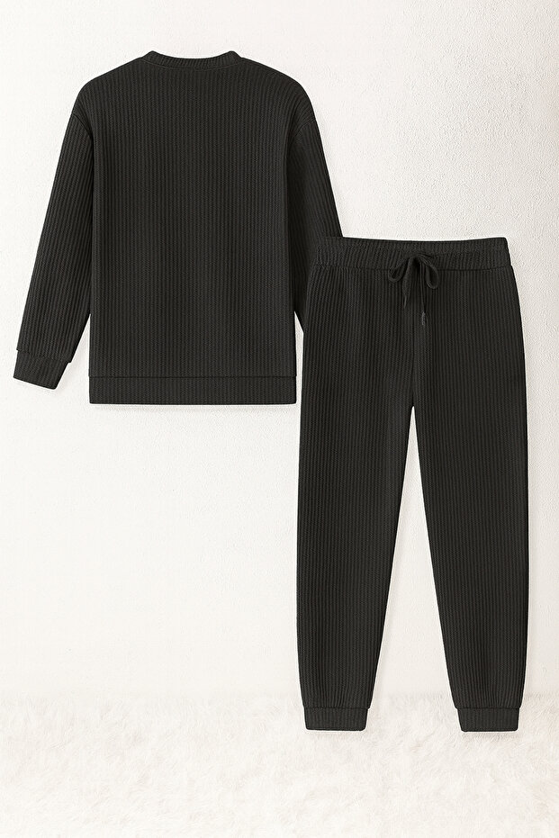 Unisex Black Waffle Fabric Tracksuit Set – Comfortable Home and Casual Wear
