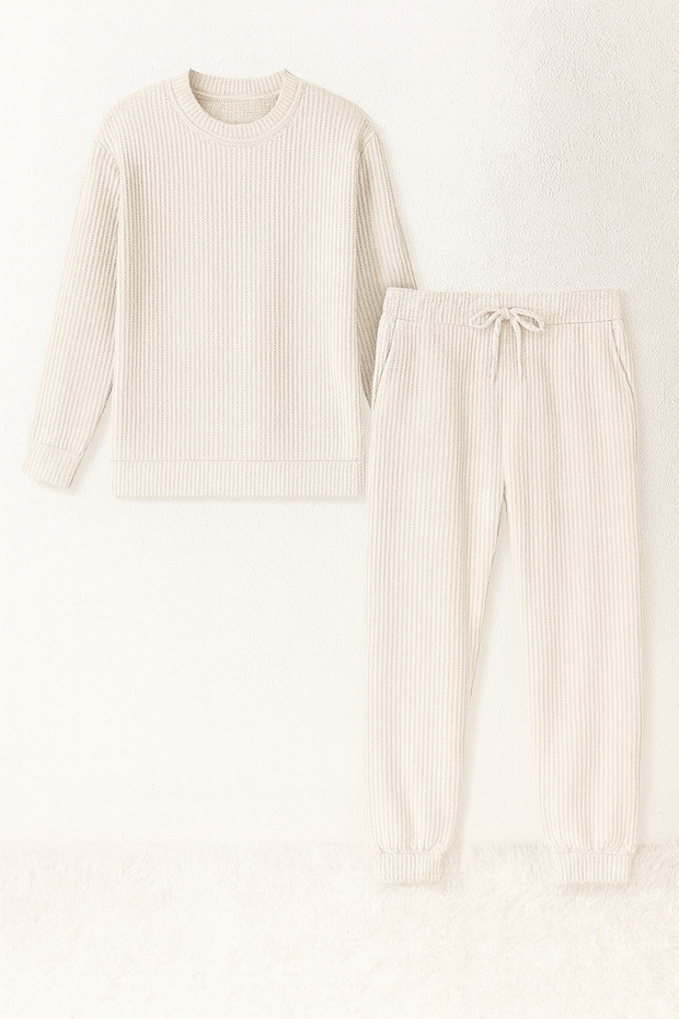 Unisex Beige Waffle Fabric Tracksuit Set – Comfortable Home and Daily Wear