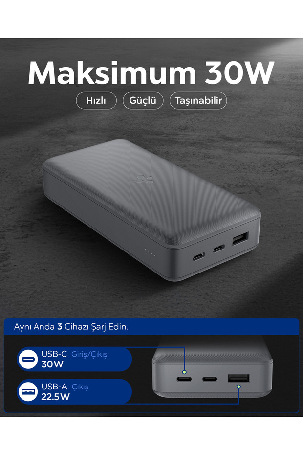 30000 mAh 30W USB-C + USB-A Giriş/Çıkış Hızlı Şarj 3 Port Kablo + Çanta Powerbank - ABA09436 - 2