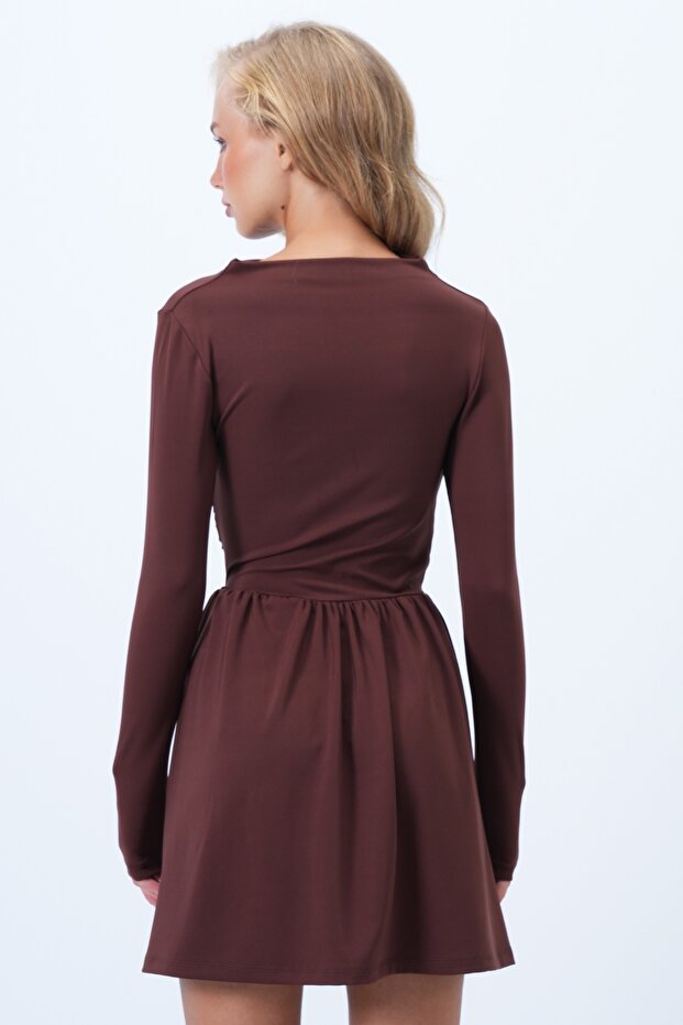 Acı Kahve Düşük Yaka Drape Detaylı Sandy Kloş Elbise ALC-X14371 - 6