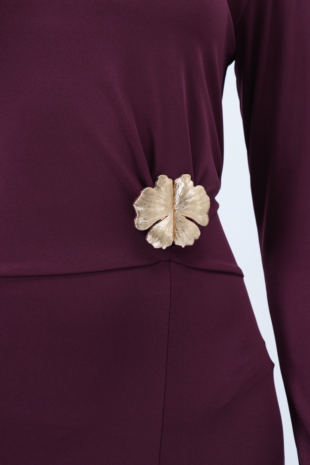 Bordo Bisiklet Yaka Beli Broş Detaylı Maxi Boy Sandy Elbise ALC-X14378 - 6