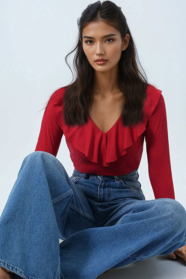 Red V-Neck Ruffled Soft-Textured Blouse ALC-X14364