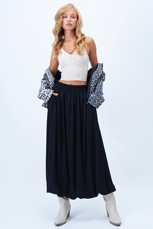 Women's Black Double Pocket Lined Maxi Size Bubble Skirt Alc-X14348