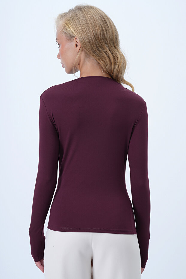 Női bordó színű szandó blúz derék és váll drapéria Alc-X14376 - 6