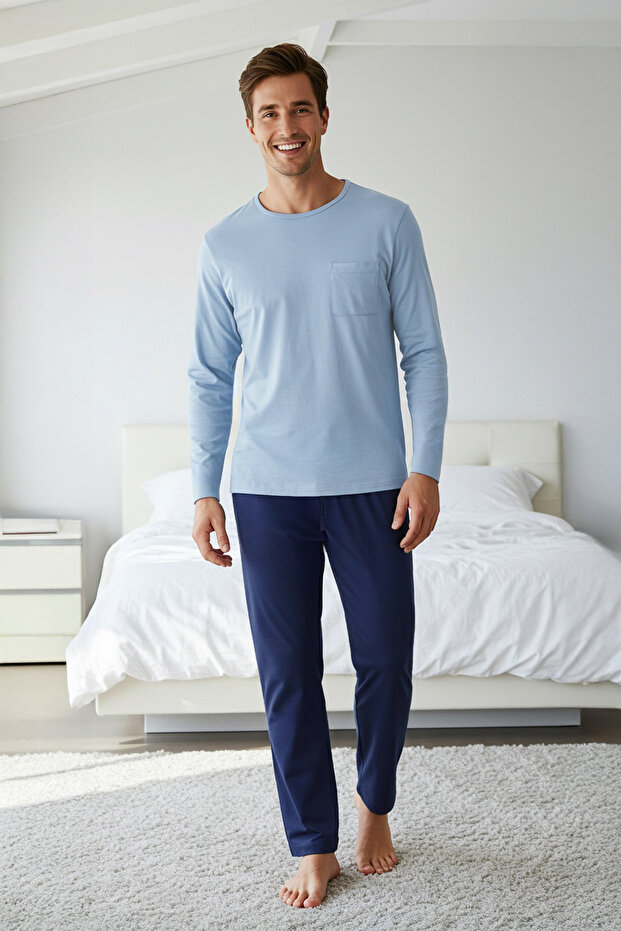 İndigo - Lacivert Regular Fit %100 Pamuk Örme Pijama Takımı TMNAW26PT00005 - 5