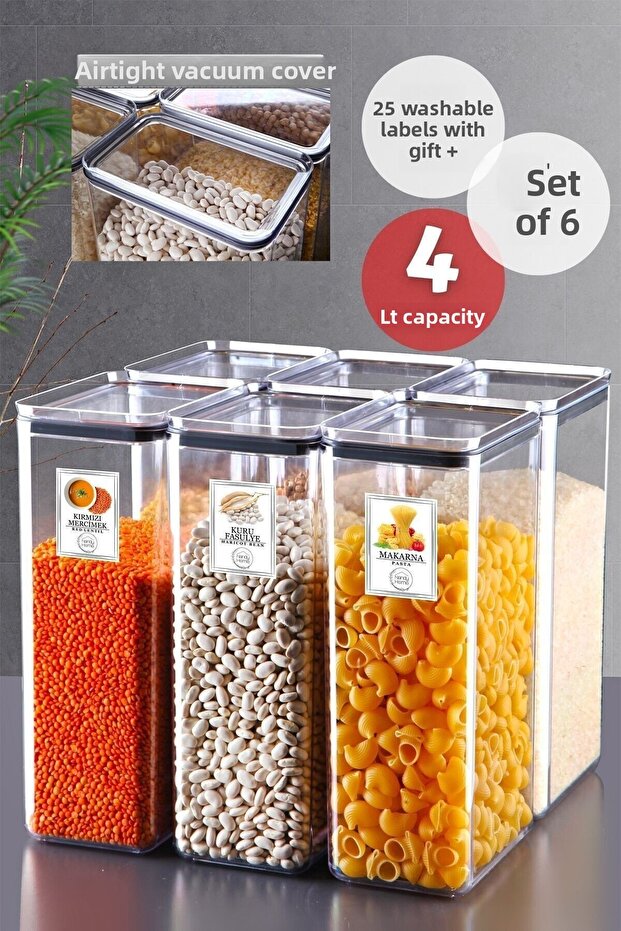 Set of 6 Labeled Silicone Sealed Rectangular Food Storage Container Set 4 lt Transparent