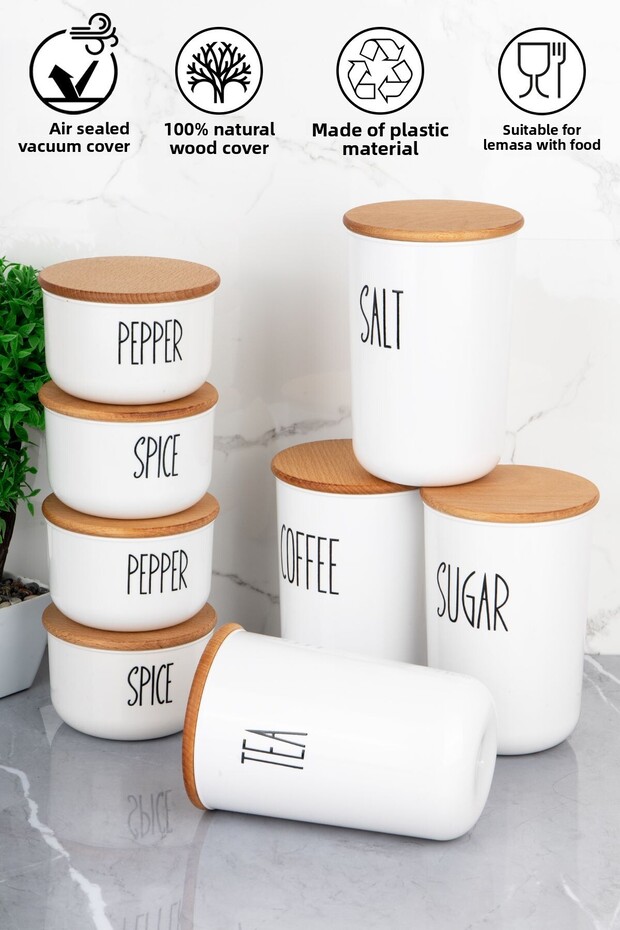 Set of 8 Vacuum Transfer Labeled Jars with Wooden Lids 900/400 ml Acrylic (PLASTIC) Jar