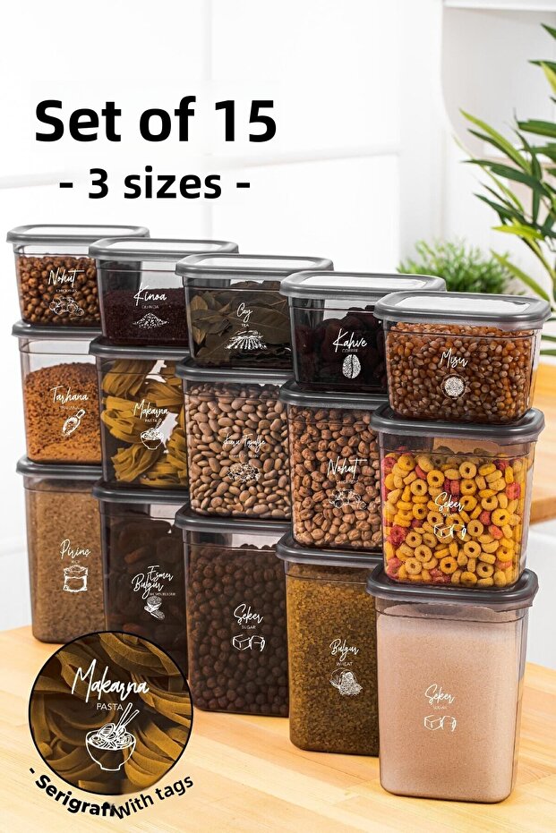 Set of 15 Peggy Rectangular Storage Containers with White Screen Printing Label 5x(1500-1150-800 Ml) Anthracite