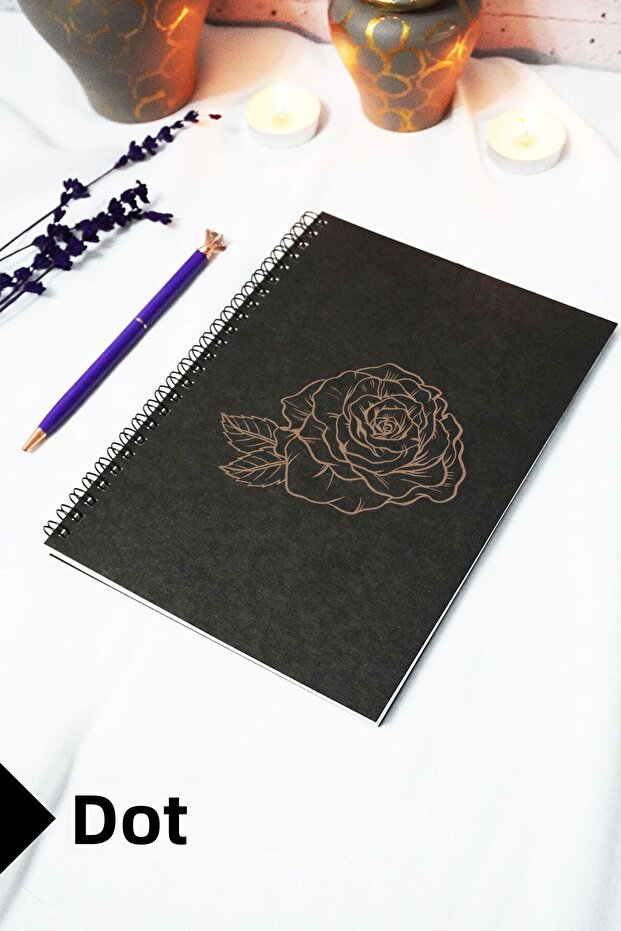 A5 Rose Themed Black Kraft Cover Notebook - Dotted Notebook - 60 Sheets (120 Pages) 15X21 cm