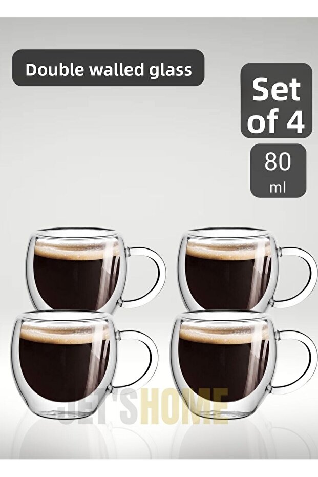 Set of 4 Espresso Cups with Handles, Doppio Ristretto Cups, Double Walled Turkish Coffee Cups, 80 ml