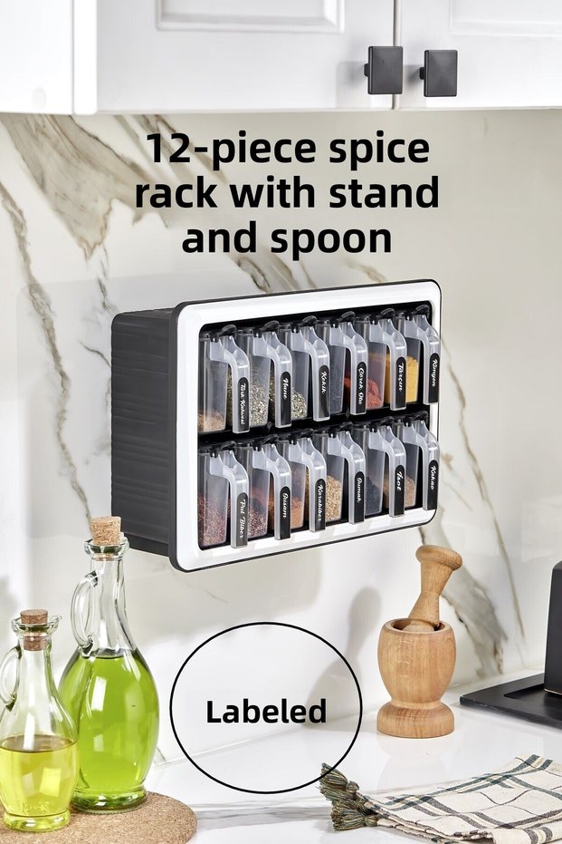 Simple Stand 12-Piece Self-Adhesive Spoon and Lid Spice Rack Set - Storage Container with Labels