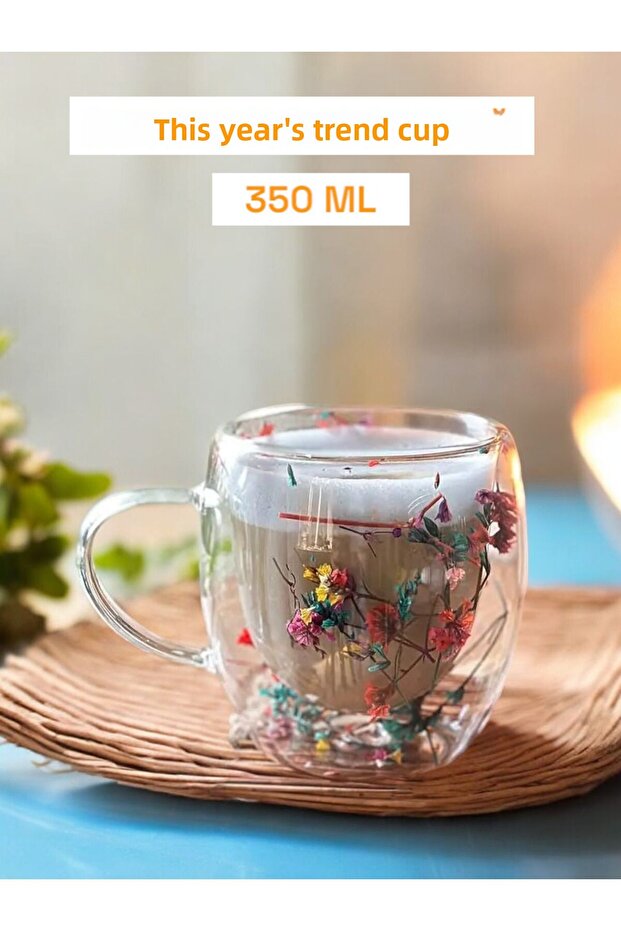 350 Ml Floral Borosilicate Cup - Heat Resistant, Double Walled Coffee Presentation Cup