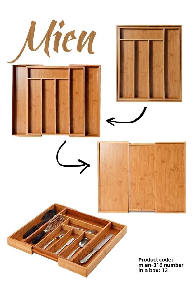 Bamboo Adjustable Drawer Cutlery Holder with Adjustable Size, 5-7 Compartments Fma896796