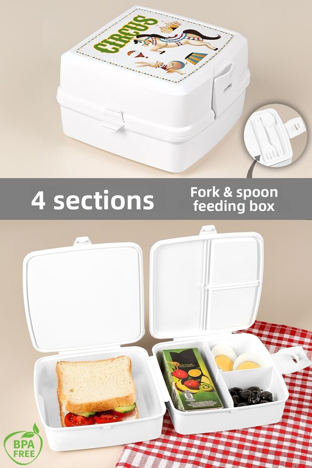 2-Tier Compartmented Children's Lunch Box with Fork and Spoon - Student School Lunch Container - White