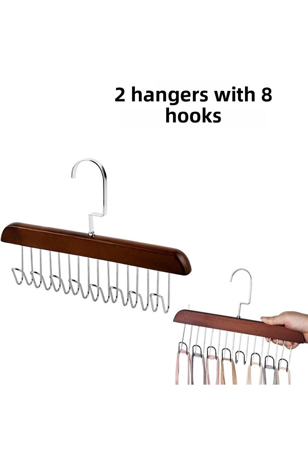2 Pcs 8-Hook Brown Wooden Clothes Scarf Tie Belt Bag Hanger Mit1220