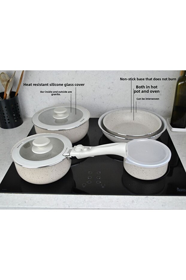 9 Piece Granite Coated Pot and Pan Set with Plug and Remove Handle Nested Cooking Storage Beige - 2