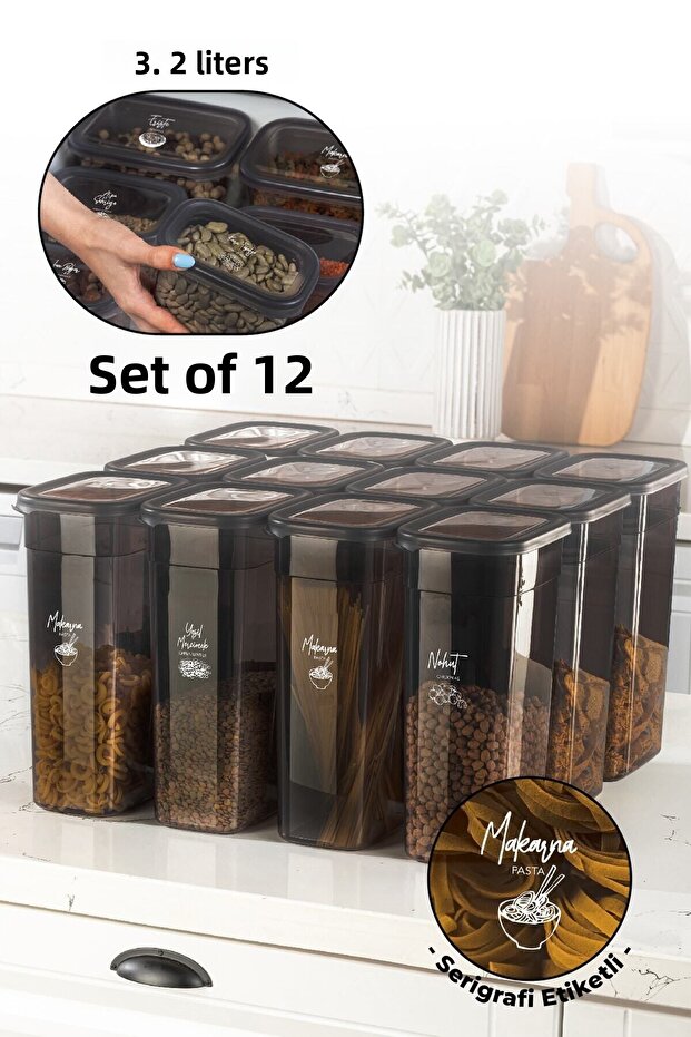 Set of 12 with White Screen Printing Label Peggy Long Rectangular Storage Container with Transparent Lid 3.2 Liters - 1