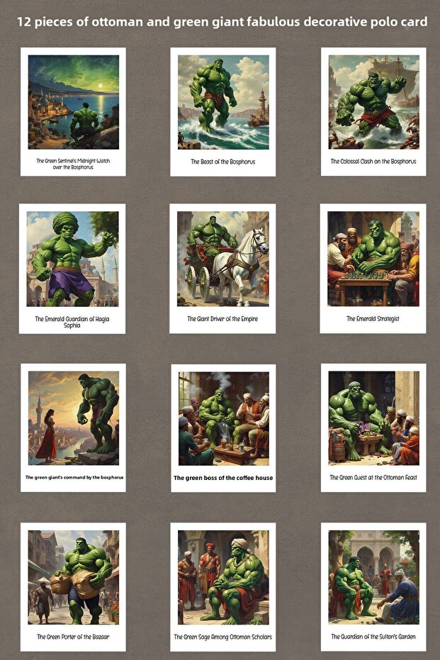 Artificial Intelligence Green Giant Paintings from the Ottoman Period 12 Decorative Polo Cards - Cork Board