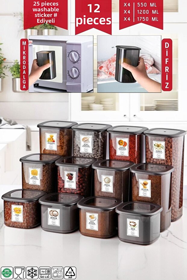 Set of 12 Anthracite Economical Unbreakable Storage Containers with Labels 1.75/1.2/0.55 Lt