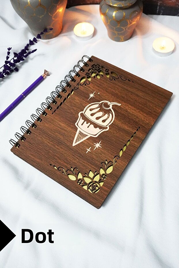 Ice Cream Wooden Cover Spiral Notebook - Dotted Notebook - 60 Sheets (120 Pages) - A5 15X21 cm