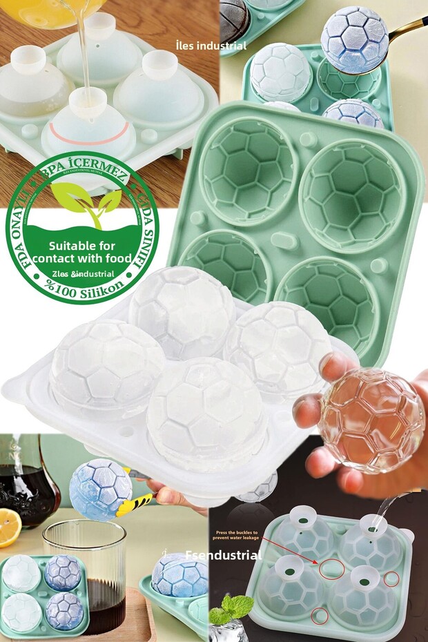 Silicone Soccer Ball Large Size 4 Compartment Ice Mold with Lid, Green