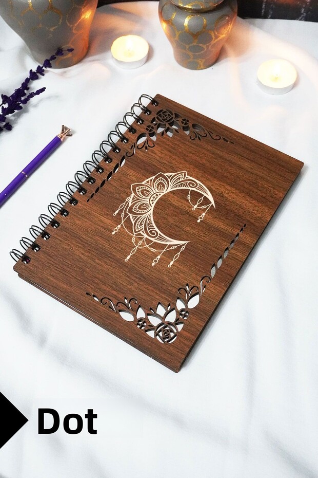 Moon Mandala School Notebook with Wooden Cover - Dotted Notebook - 60 Sheets (120 Pages) - A5 15X21 cm