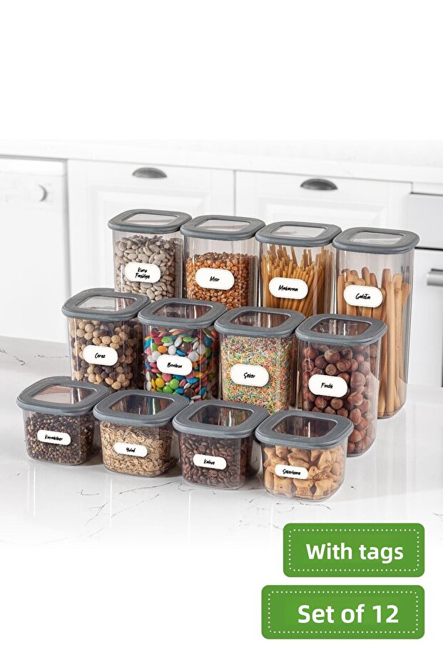 Set of 12 Square Food Storage Container with Label 4x (0.55 LITER, 1.2 LITER, 1.75 LITER) Anthracite